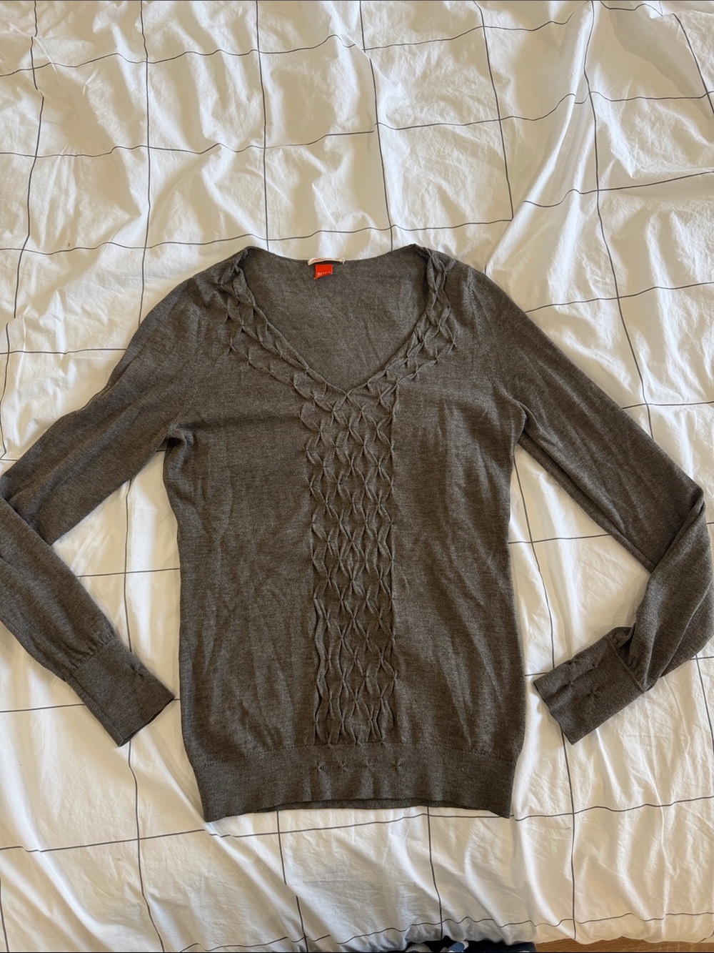 Boss V-Neck Cable Front Women's Sweater - Gray